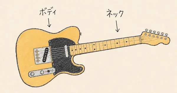 弦を押さえる部分のことをネック、弦を弾く部分のことをボディという