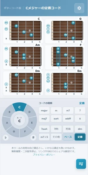 キーごとの定番コード表に切り替えた画面